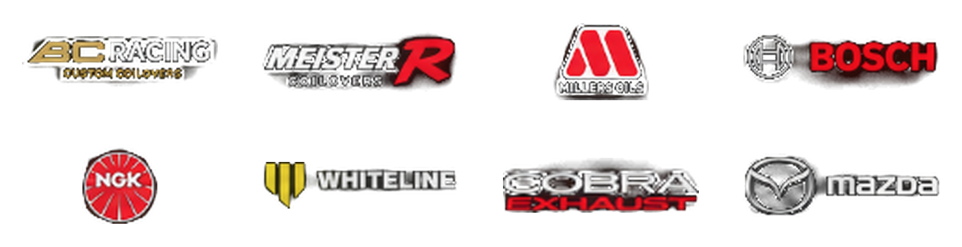 BC Racing, MeisterR, Millers Oils, Bosch, NGK, Whiteline, Cobra Exhaust and Mazda